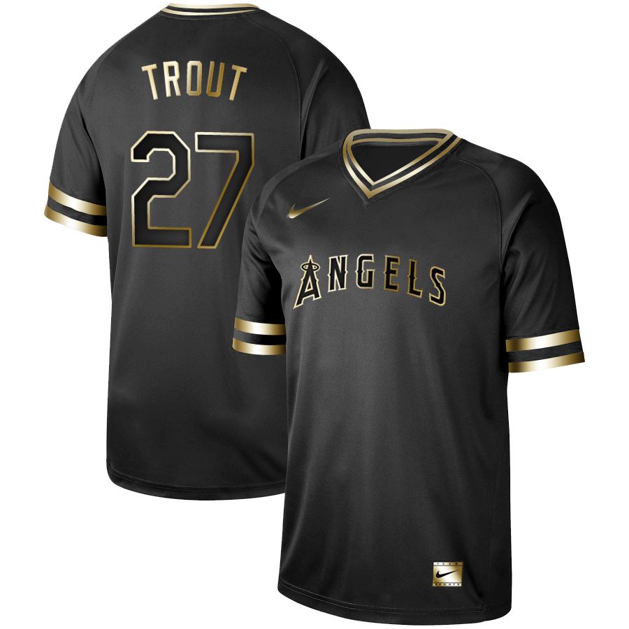 Men Los Angeles Angels 27 Trout Nike Black Gold MLB Jerseys